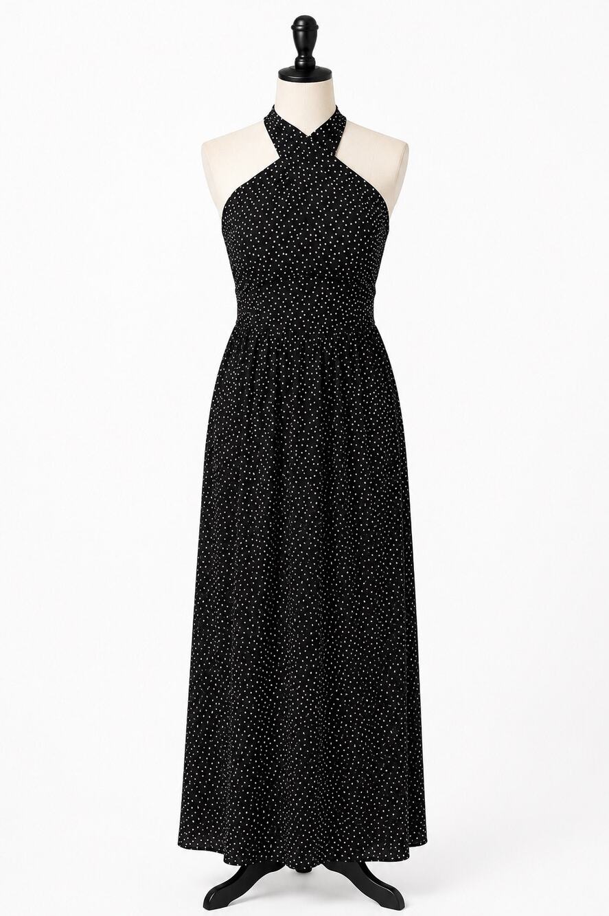 Black White Polka Dot Halter Maxi Dress Cross Neck Sleeveless Fit Flare Size 4